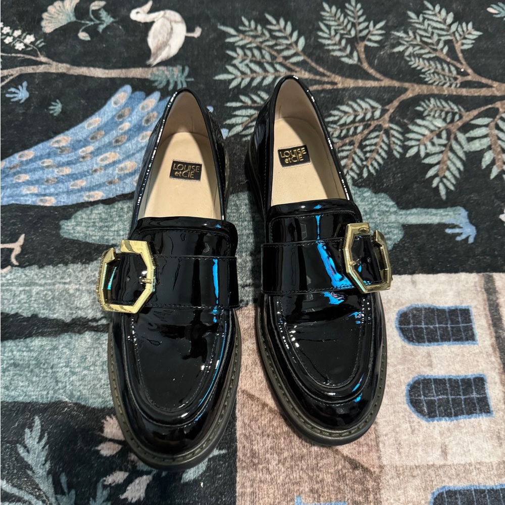 Louise et Cie Black Patent Loafers with Gold Accent